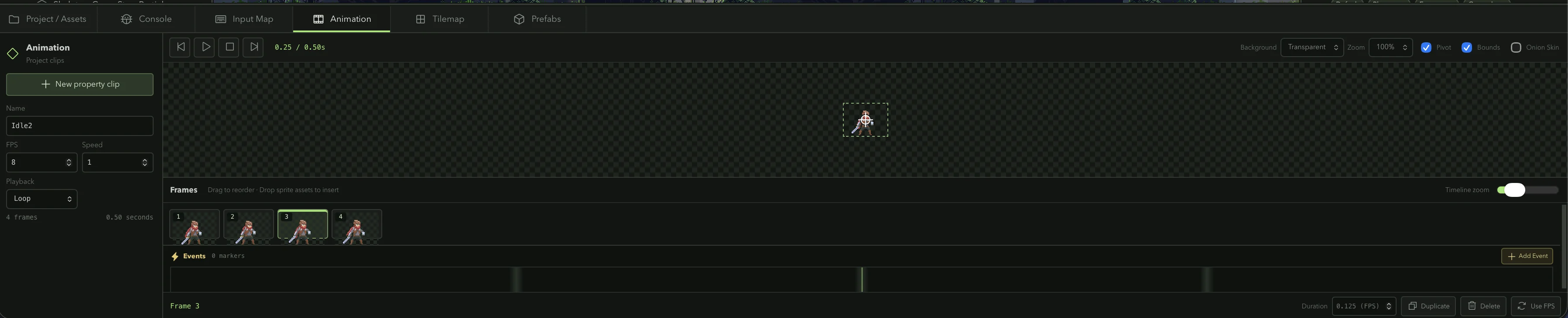 Kriya animation timeline editing a character idle loop
