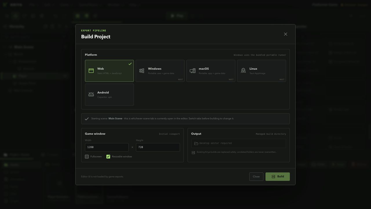 Kriya's Build Project window, the same pipeline the portable export fix runs through