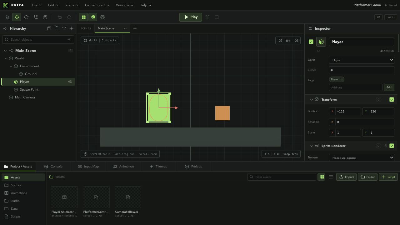 Kriya main workspace with Hierarchy, Scene View, toolbar, Inspector, and Project panel