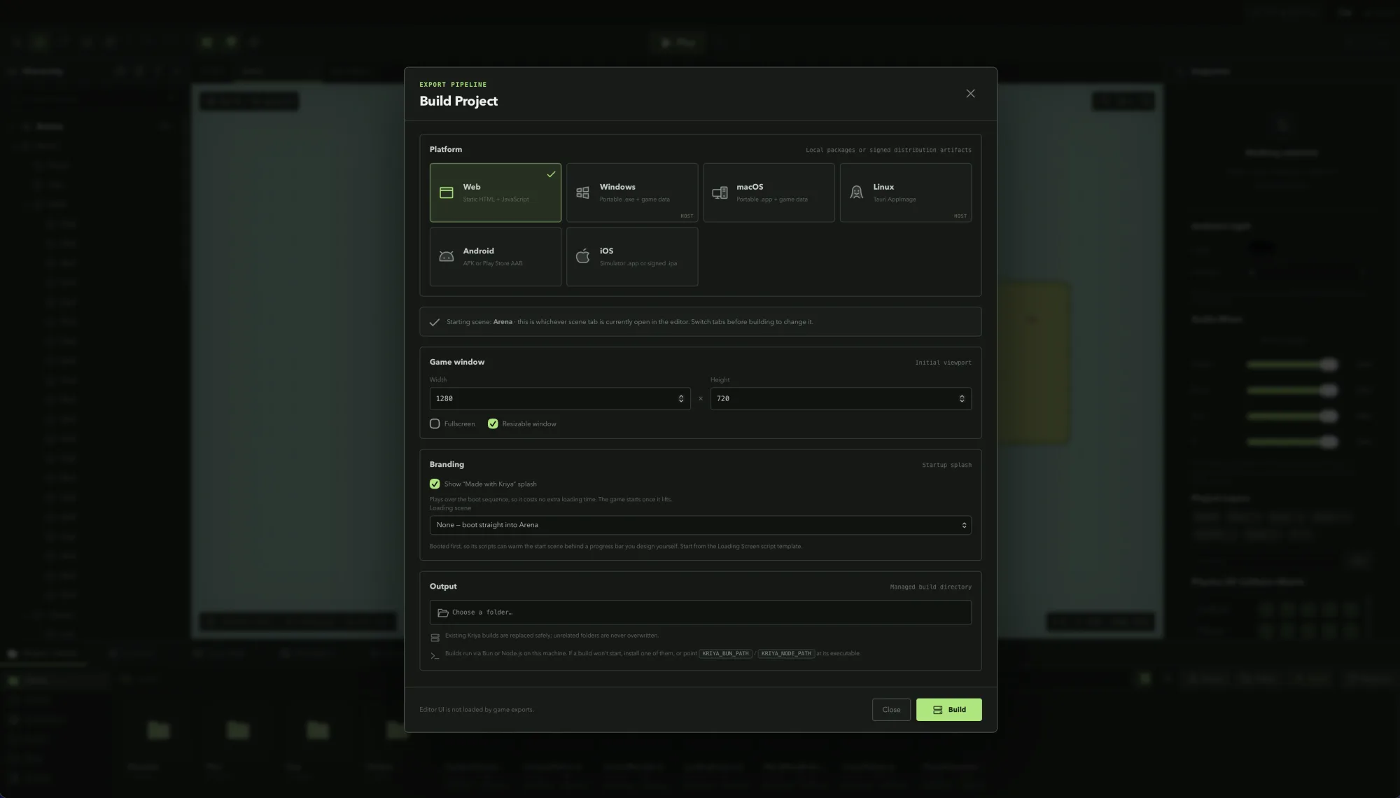 Kriya's Build Project window showing platform target cards for Web, Windows, macOS, Linux, Android, and iOS with distribution signing options