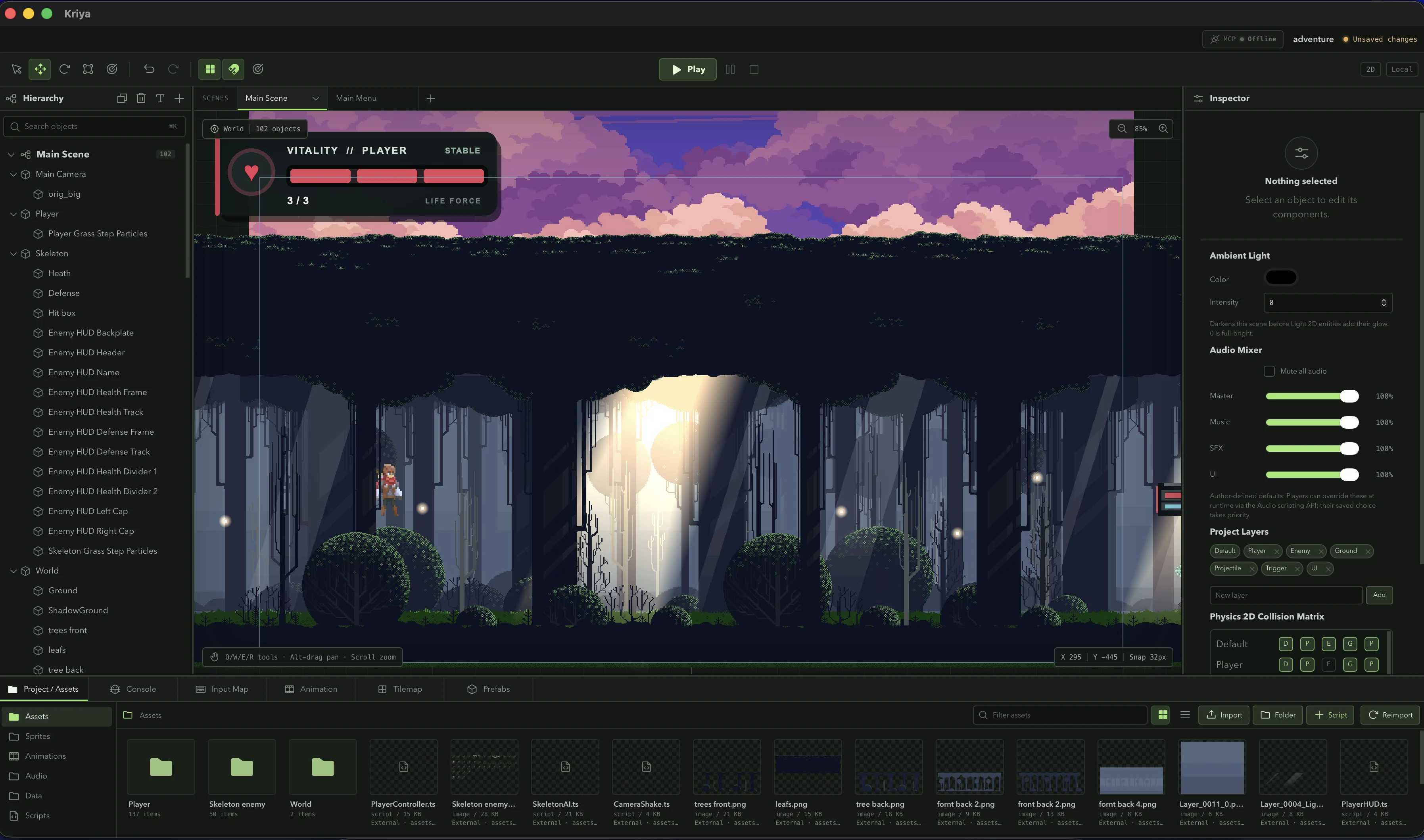 A forest platformer scene open inside the Kriya visual editor
