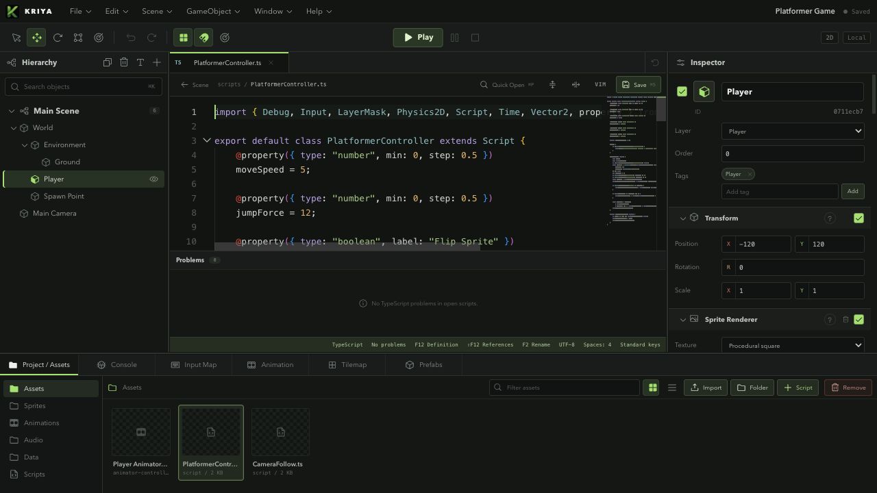 Kriya TypeScript editor showing a platformer controller beside the entity Inspector